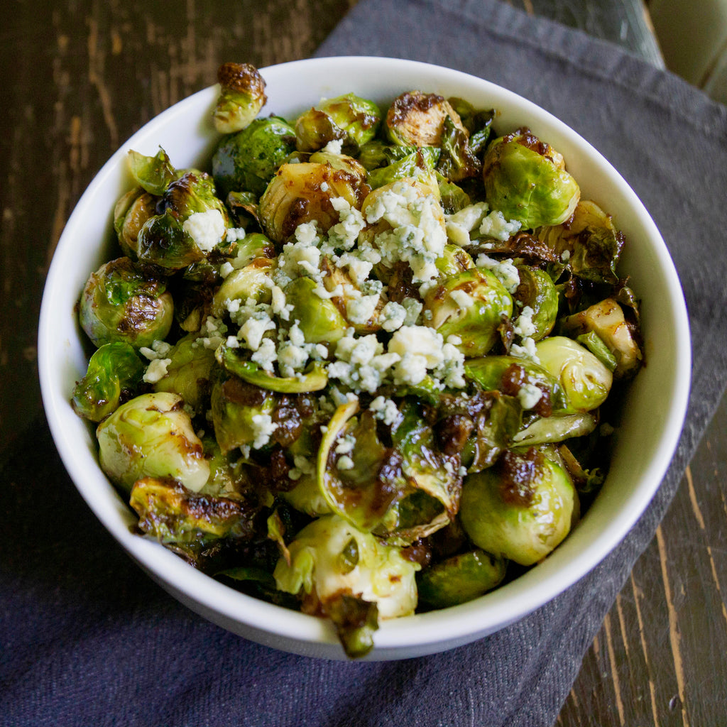 Bacon Jam Glazed Roasted Brussels Sprouts with Blue Cheese