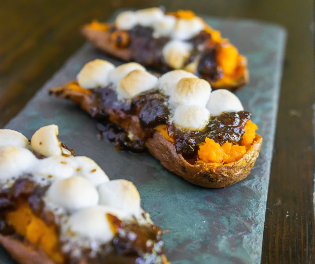 Stuffed Sweet Potato Skins with Marshmallows and Bacon Jam